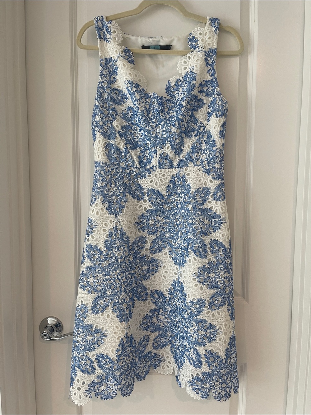 Anthropologie Eva France Sleeveless White and Blue Floral Lace A-Line Dress